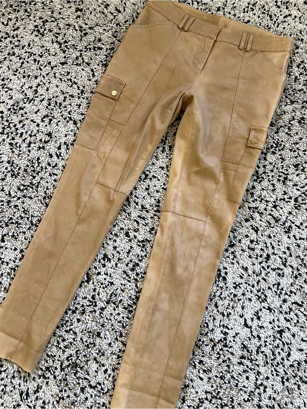 Tory Burch Leather Pants Distressed Tan Cargo Pockets Women’s Size 10 - Picture 3 of 16
